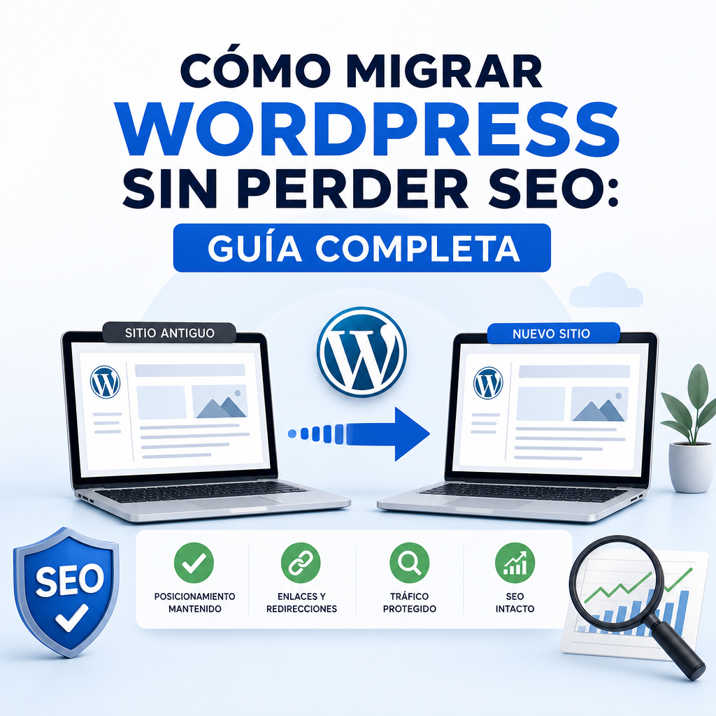 Diagrama de migración de WordPress con SEO, enlaces y tráfico protegidos.