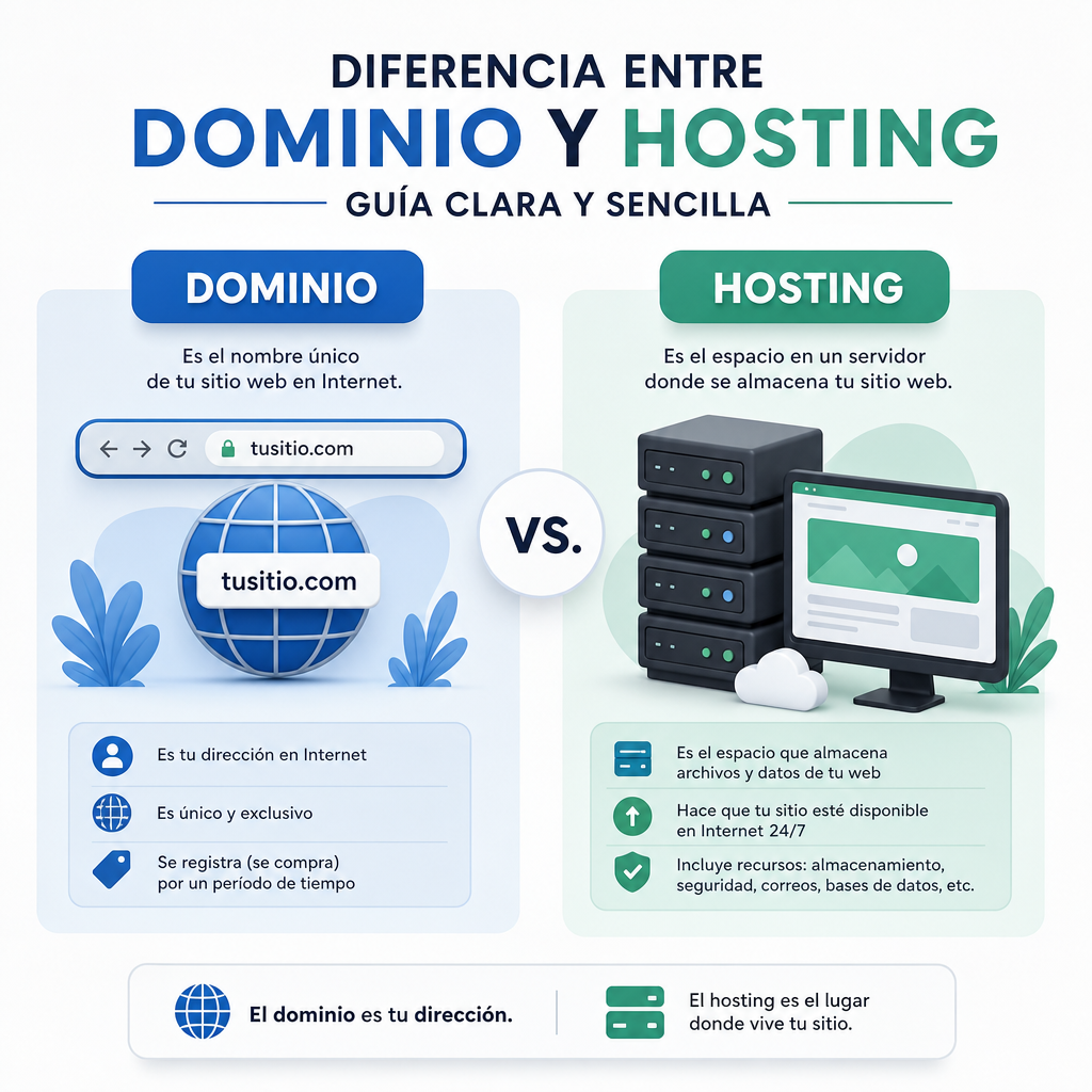 Infografía que explica la diferencia entre dominio y hosting en una web de forma clara y sencilla.