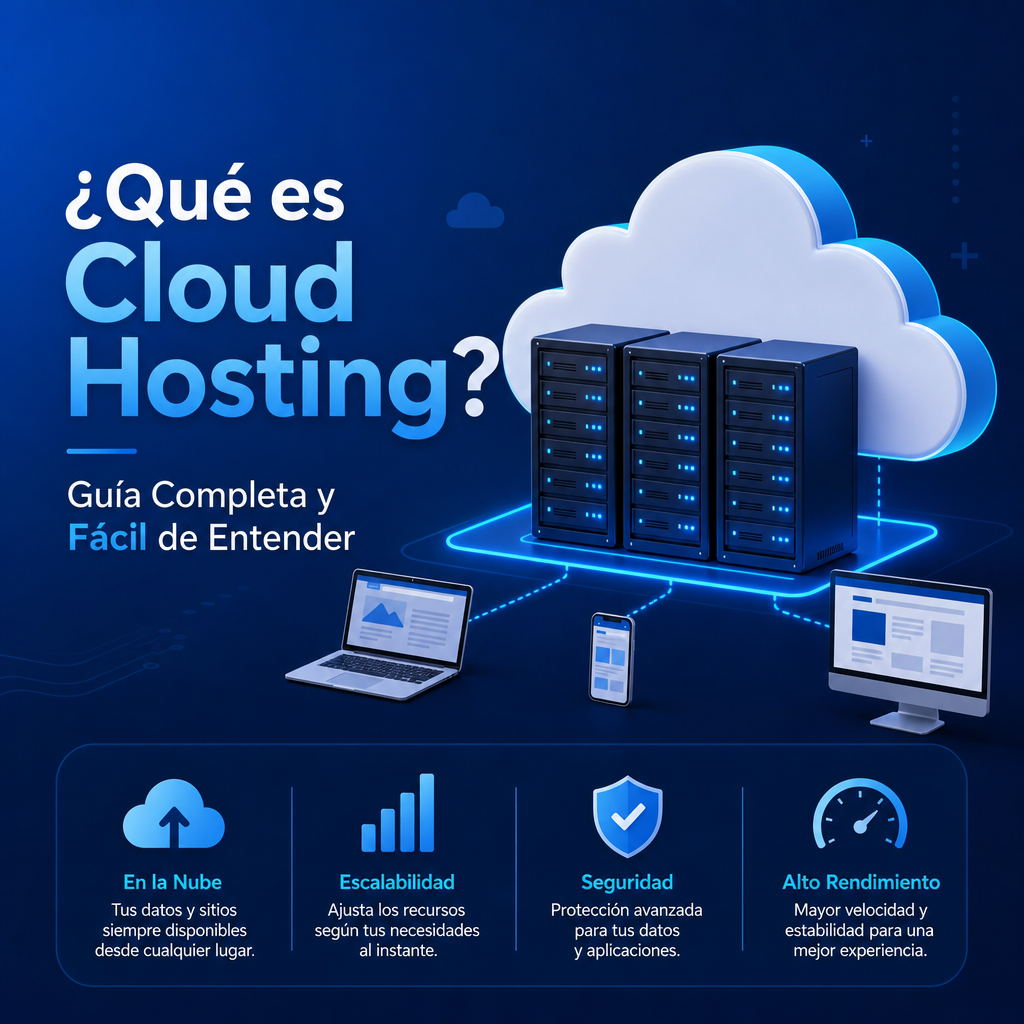 Ilustración de cloud hosting: servidores conectados en la nube para alojar sitios web y aplicaciones.