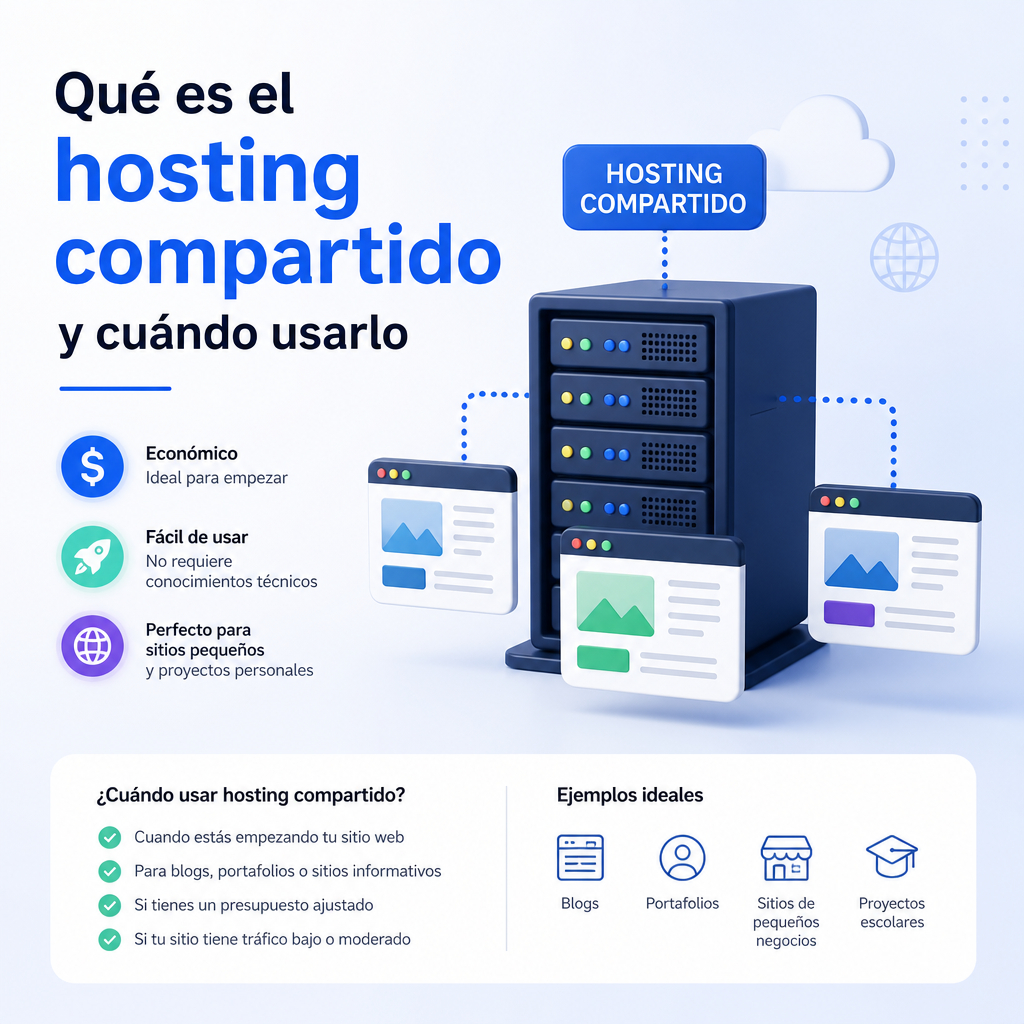 Infografía sobre hosting compartido, sus beneficios y cuándo usarlo para proyectos pequeños.