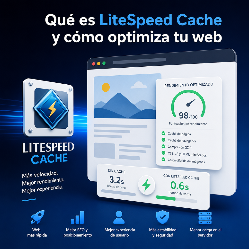 Infografía de LiteSpeed Cache y sus beneficios para acelerar y optimizar el rendimiento de una web.