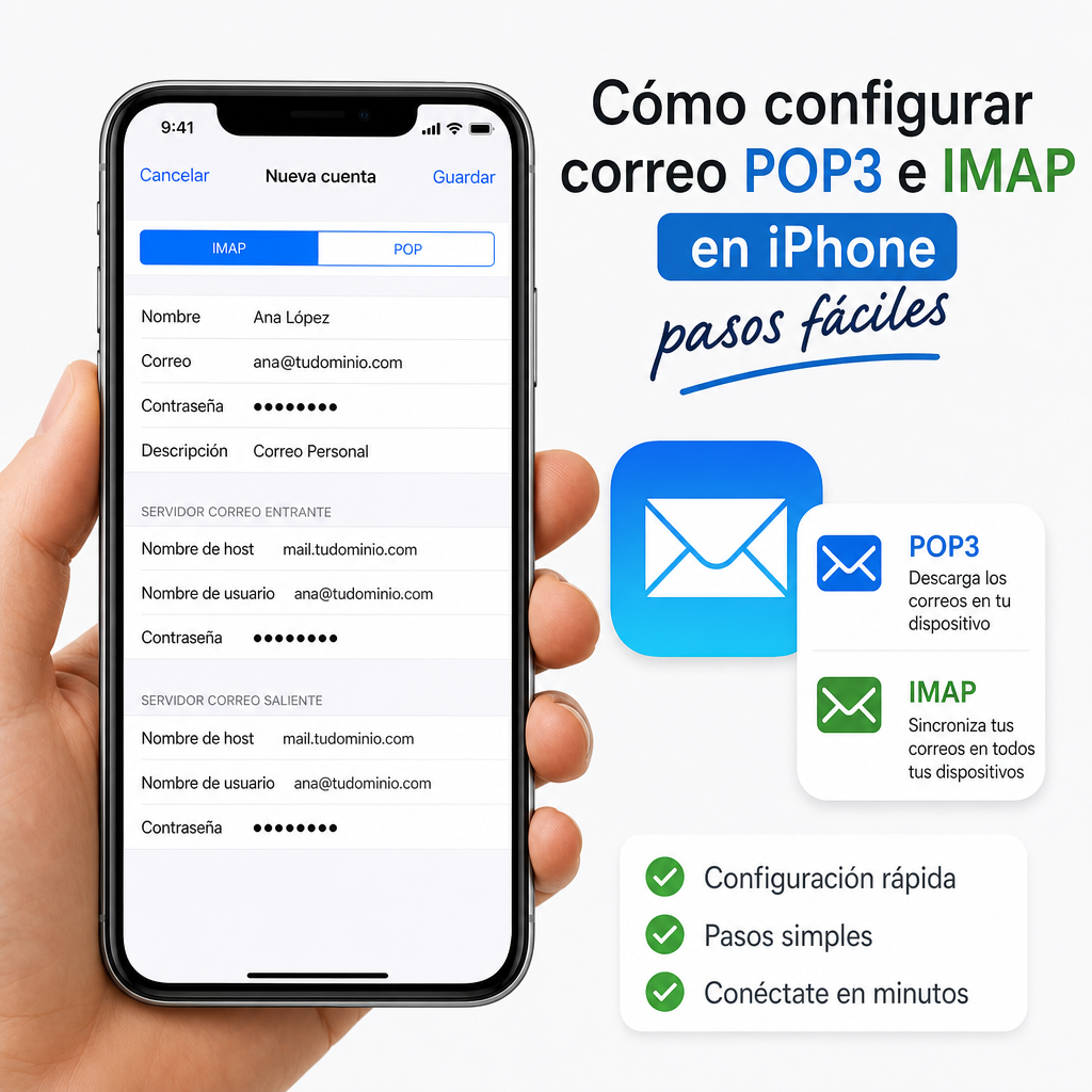 Pantalla de iPhone con ajustes para configurar correo POP3 e IMAP paso a paso.