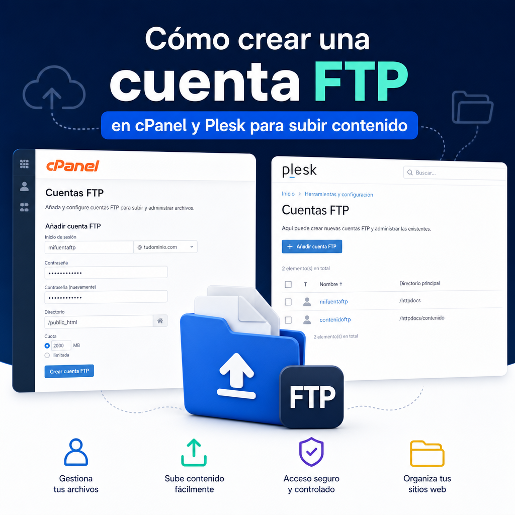 Pantalla de cPanel y Plesk con la creación de una cuenta FTP para subir contenido web