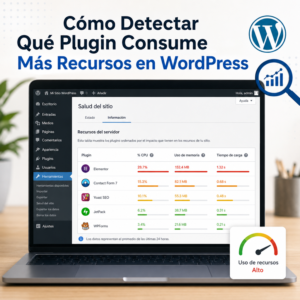 Panel de WordPress con plugins y métricas de rendimiento para detectar el plugin que consume más recursos
