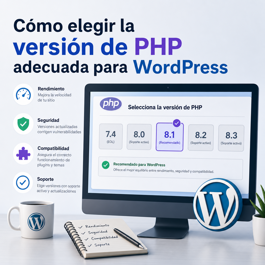 Ilustración de guía para elegir la versión de PHP adecuada y optimizar WordPress.