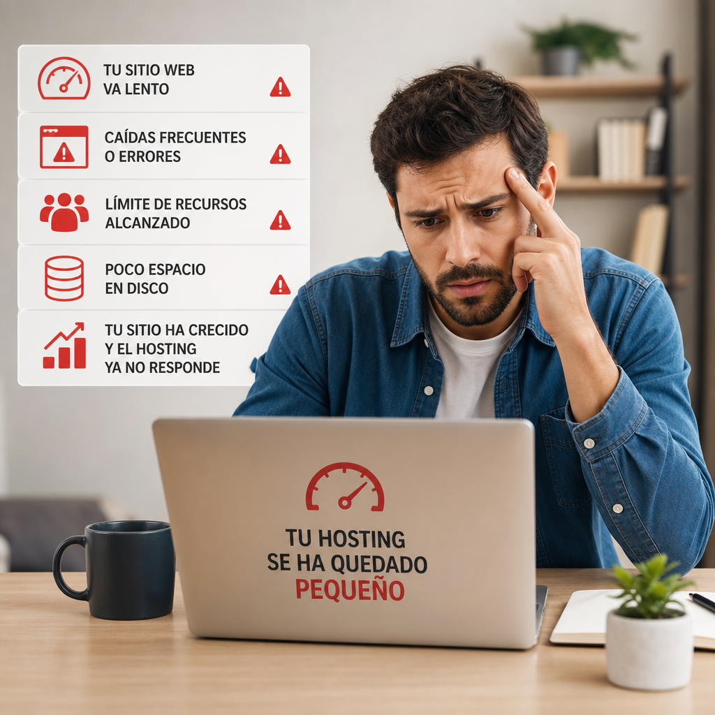 Hombre preocupado frente a laptop con avisos de problemas de rendimiento en hosting compartido