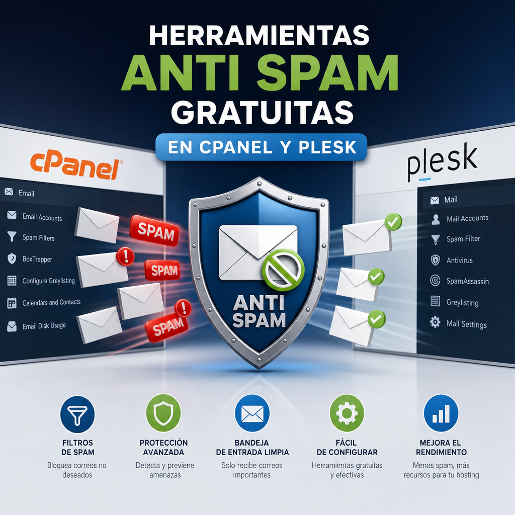 Herramientas anti spam gratuitas para cPanel y Plesk con filtros y protección avanzada