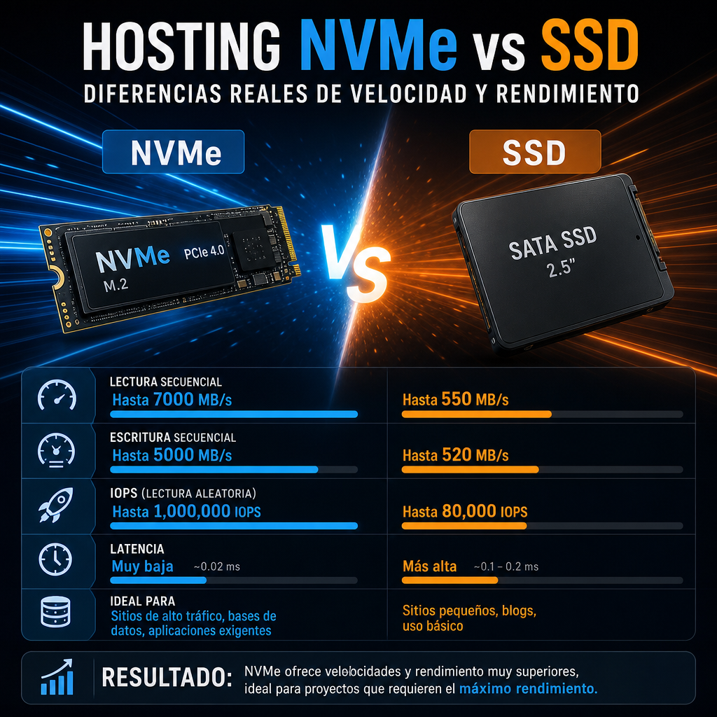 Comparación de hosting NVMe vs SSD mostrando diferencias de velocidad y rendimiento en almacenamiento web