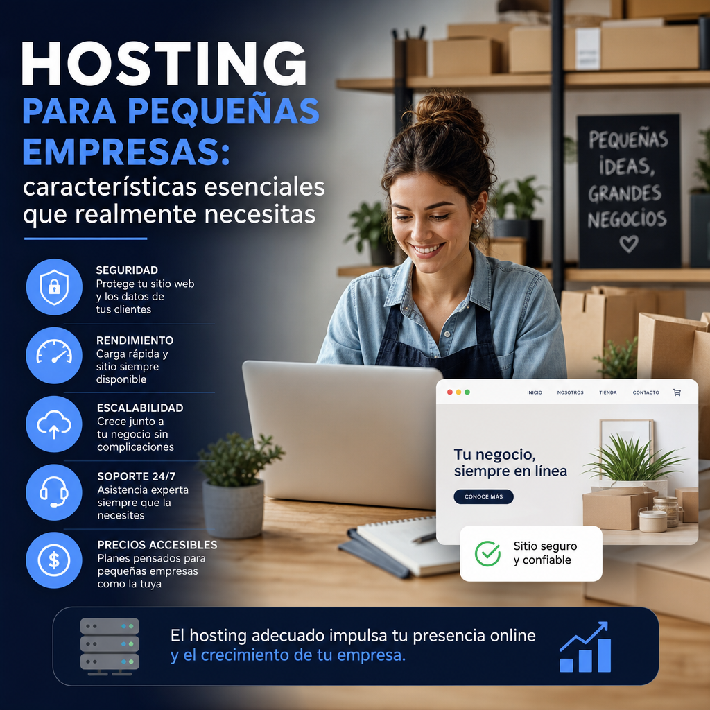 Infografía sobre funciones esenciales de hosting para pequeñas empresas: estabilidad, seguridad y facilidad de uso.