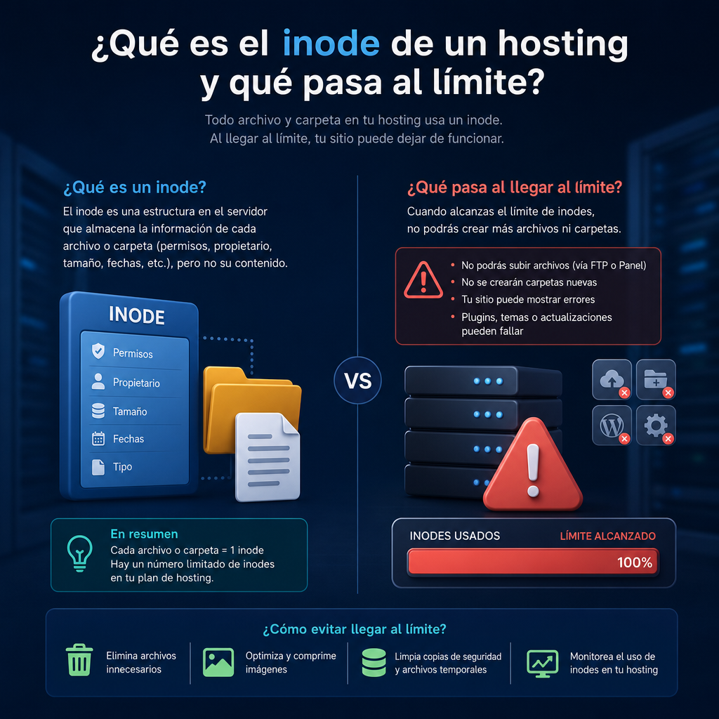Infografía sobre qué es el inode de un hosting, su límite y cómo evitar alcanzarlo.