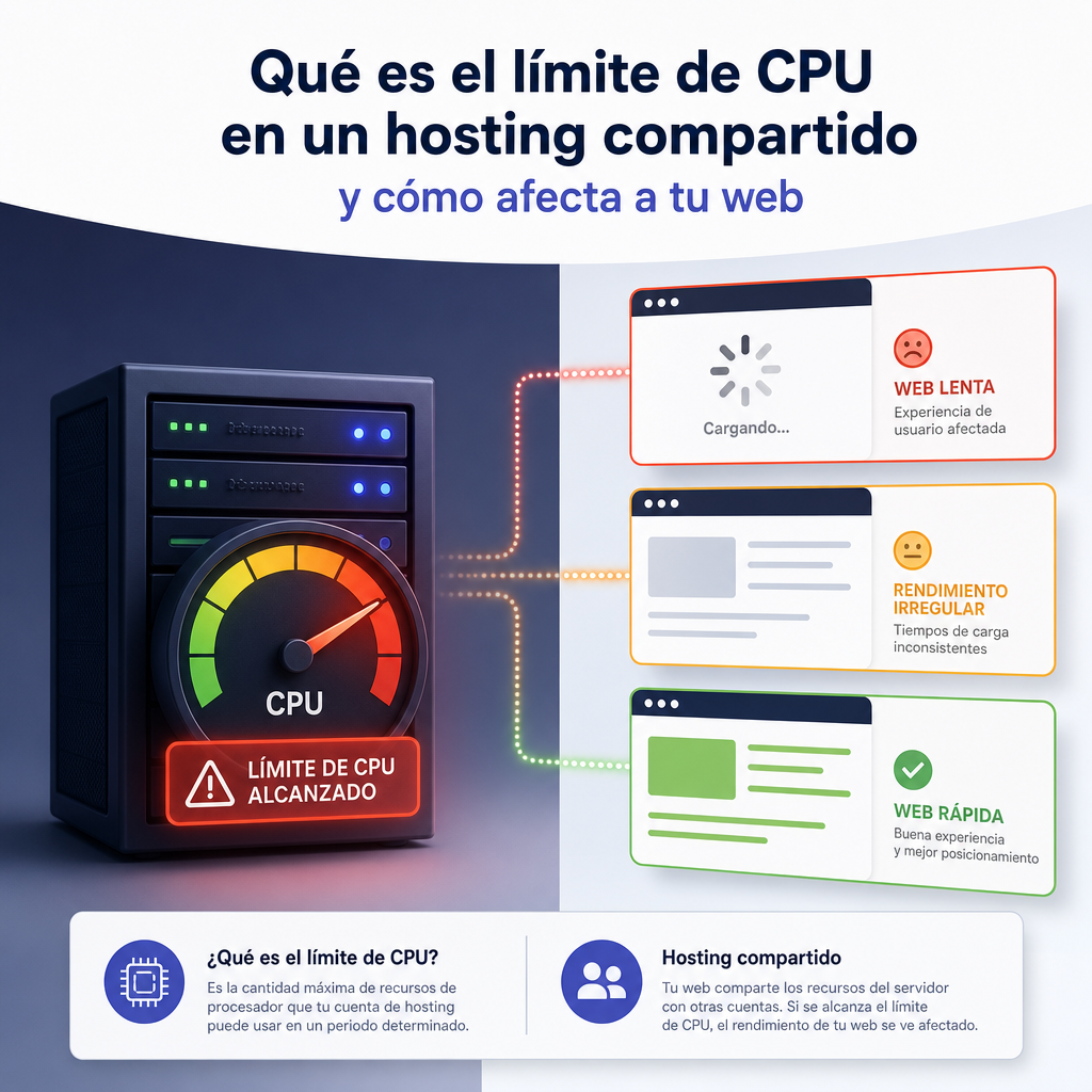 Infografía sobre el límite de CPU en hosting compartido y su impacto en el rendimiento de una web