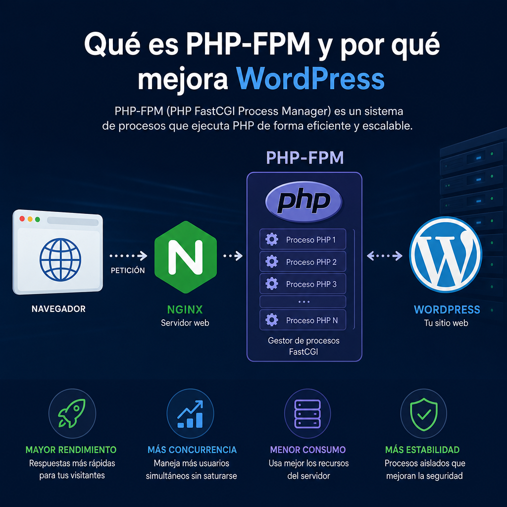 Infografía sobre PHP-FPM y NGINX, mostrando cómo mejora el rendimiento de WordPress.