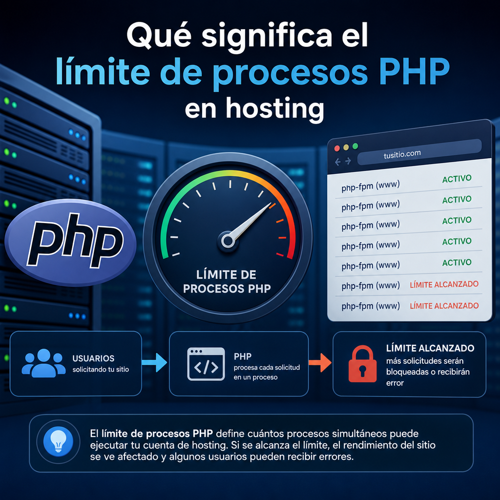 Infografía sobre el límite de procesos PHP en hosting y su efecto en el rendimiento del servidor.